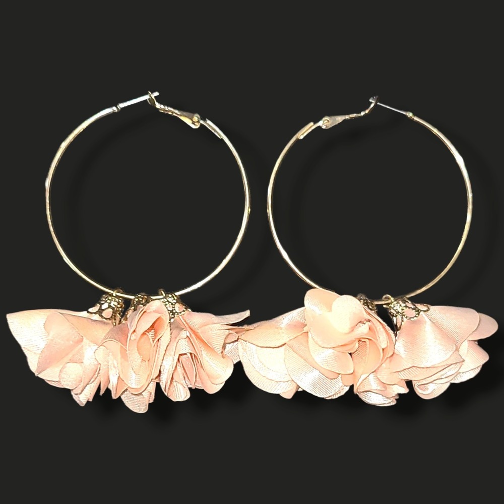 ALDO GARDORIA Pink Women's Earrings Big Gold Tone Floral Hoops 3"